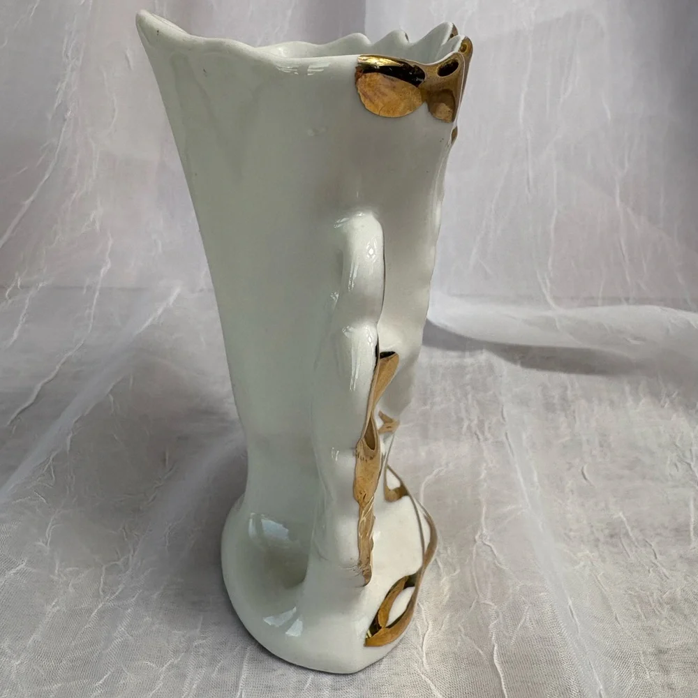 Antique Belgian White and Gold Porcelain Spill Vase-Preowned, No Chips or Cracks